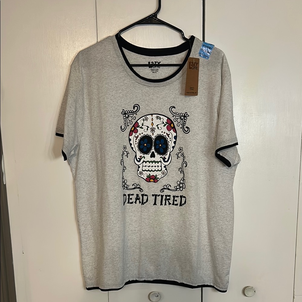 Lazy One Gray Tee with Colorful Skull Design